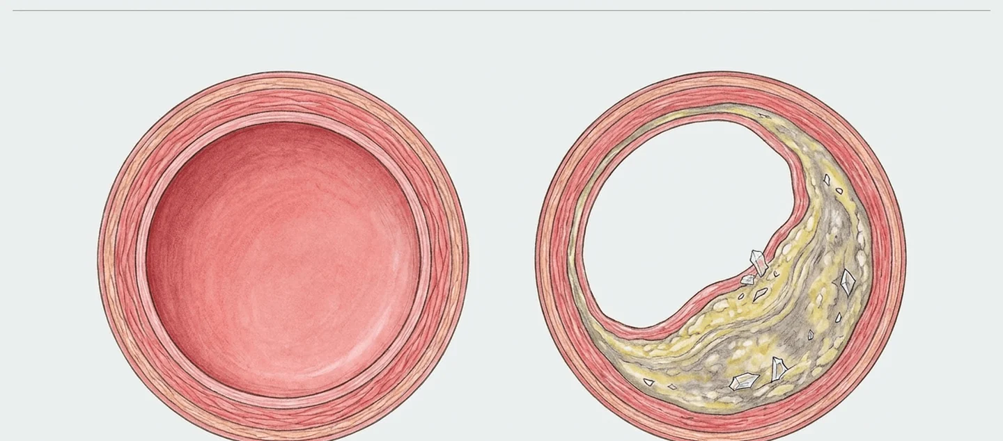 Cross-section comparison: healthy arterial wall beside one narrowed by accumulated deposit